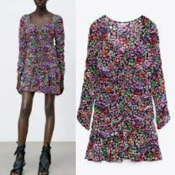 Zara Size XS Ruched Tiered Semi Sheer Resort Floral Print Draped Mini NEW Dress - Picture 6 of 15